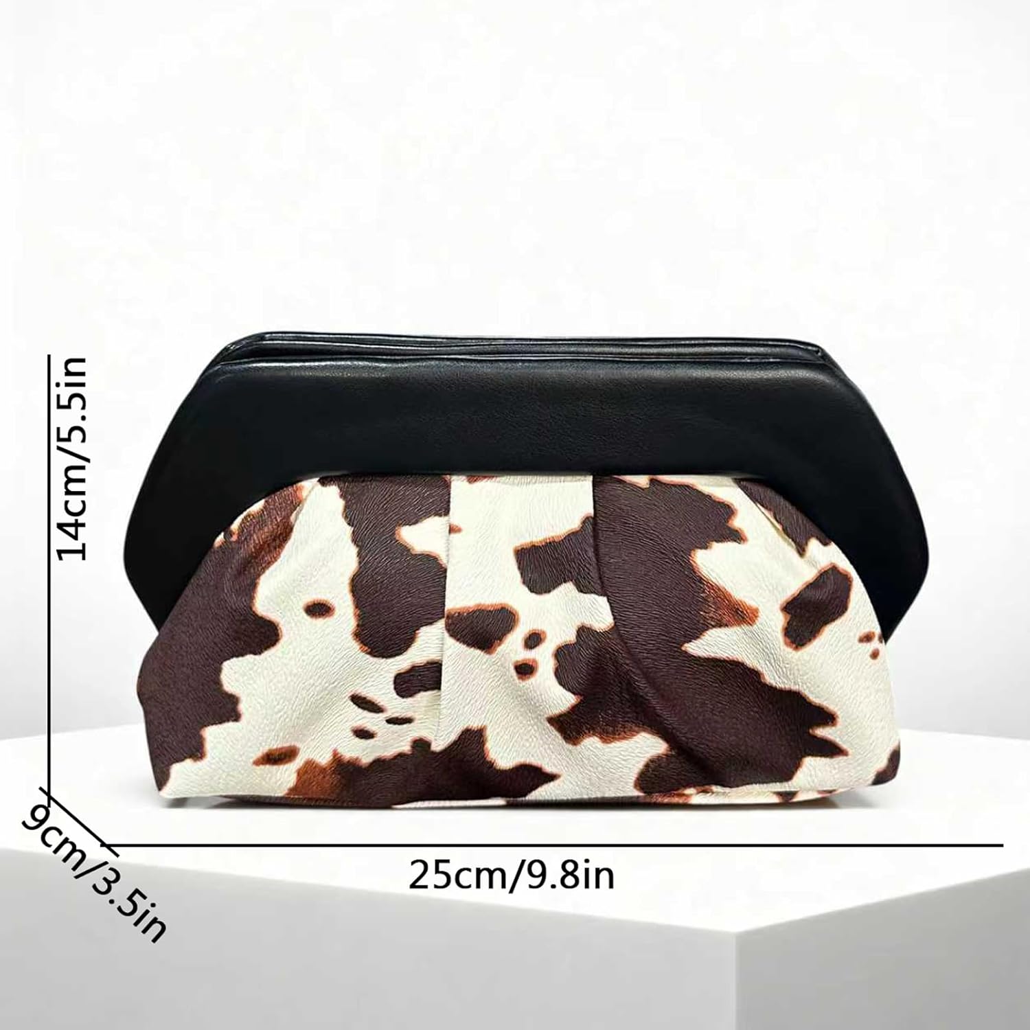 ENBEI Cow Print Clutch Purse for Women Black Frame Ruched Evening Purse, Clutch Purse with Single Closure, Trendy Cow Pattern Handbag Purse for Wedding, Party, Date Night & Casual Outings | Cow Print, Black Frame Ruched