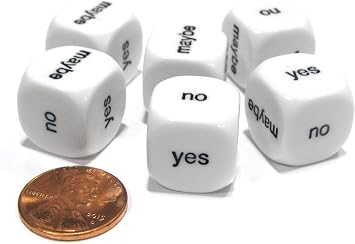 Set of 6 D6 16mm Yes, No, Maybe Decisions Dice - White with Black Letters