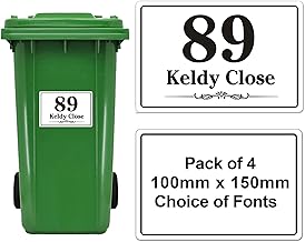 4 x Wheelie Bin Stickers Bin Numbers for Wheelie Bins Custom Wheelies Bins Numbers Stickers Personalised Number Sticker with House Number Street Name (Design 14)