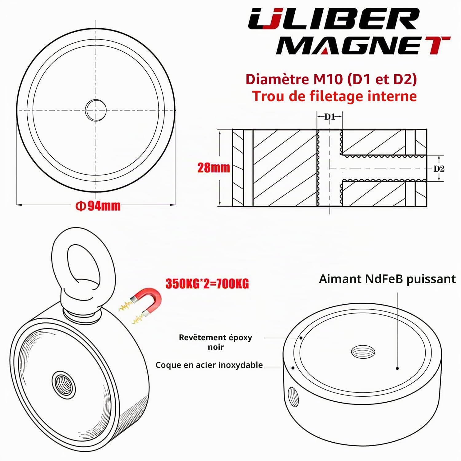 ULIBERMAGNET Aimants de pêche double face super puissants, combinés 700 kg N52 Kit de pêche aimant néodyme avec corde, griffe, gants, pour la pêche magnétique et la chasse au trésor sous l'eau