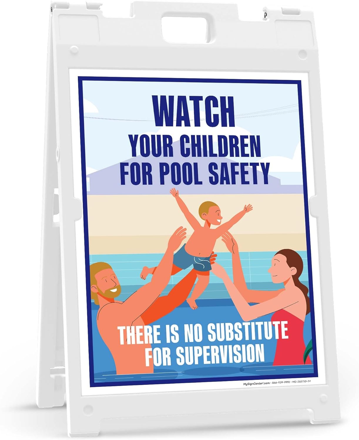 Watch Your Children For Pool Safety There Is No Substitute For Supervision Folding Floor Sign, 18x24 Inches, Portable A Frame, Made in USA by My Sign Center