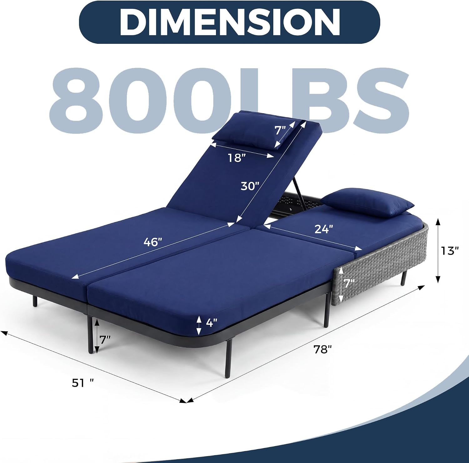 FINCATI Outdoor Double Chaise Lounge, 51.2" Wide 2-Person Pool Lounge Chairs with Dual Adjustable Backrests, Wicker Patio Daybed with Thick Cushions, 800 lbs Capacity Sunbed for Backyard, Navy Blue