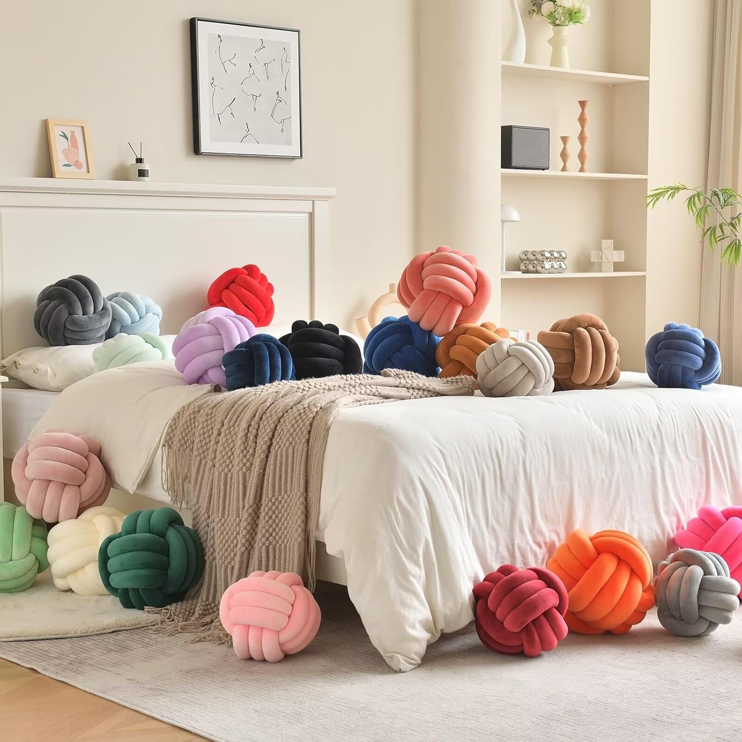 LUSJNGE Decorative Throw Knot Pillow Ball for Home Chair Sofa Couch Bed Aesthetic Round Velvet Knotted Pillow Cushion (Yellow, 11 inches)