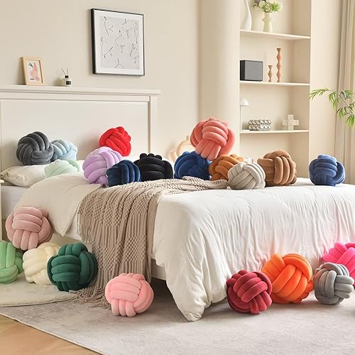 Miniatura 6 de LUSJNGE Almohada decorativa negra con nudo para el hogar, silla, sofá, cojín redondo de terciopelo anudado estético, 11 pulgadas