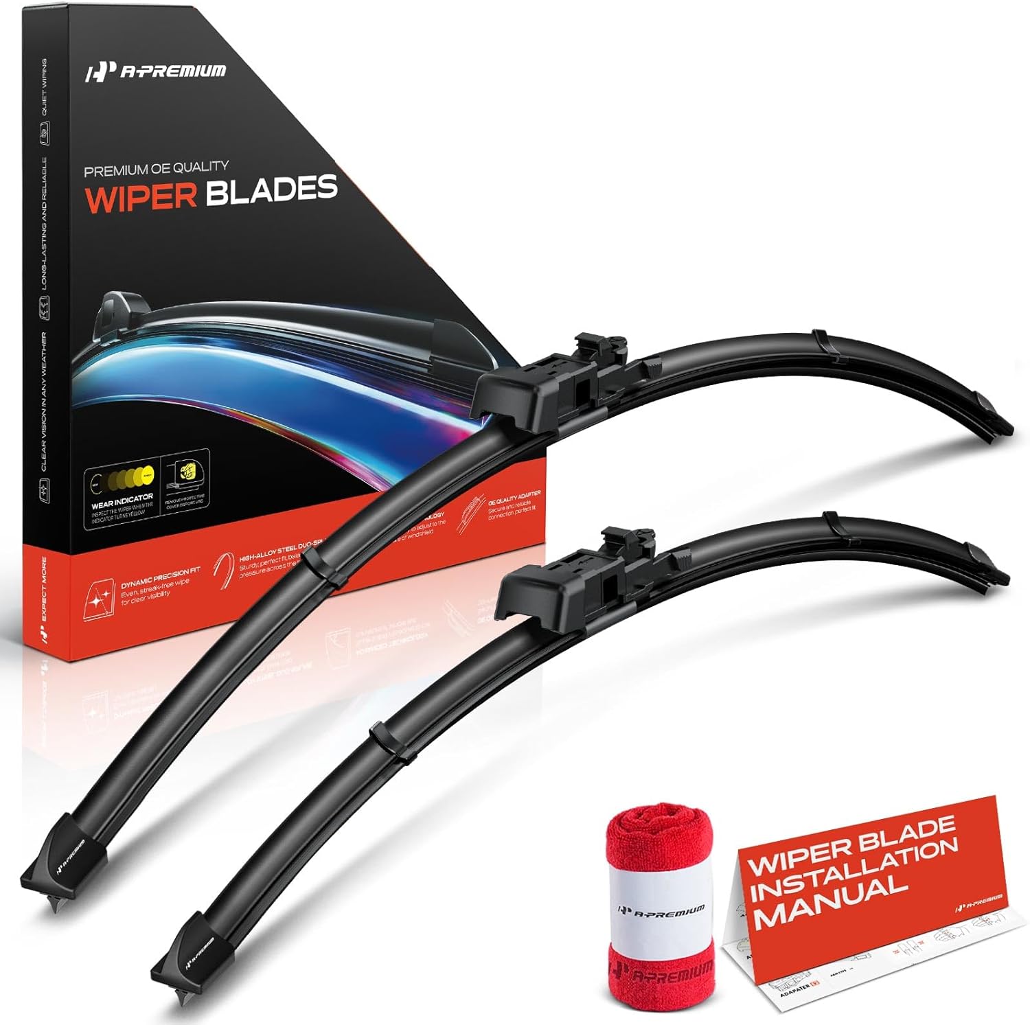 A-Premium Pack of 2 Windshield Wiper Blades with Wear Indicator & Towel - Compatible with Jaguar F-Pace 2017-2024 & Land Rover Range Rover Velar 2018-2024 - 26" and 19", TLP Connector