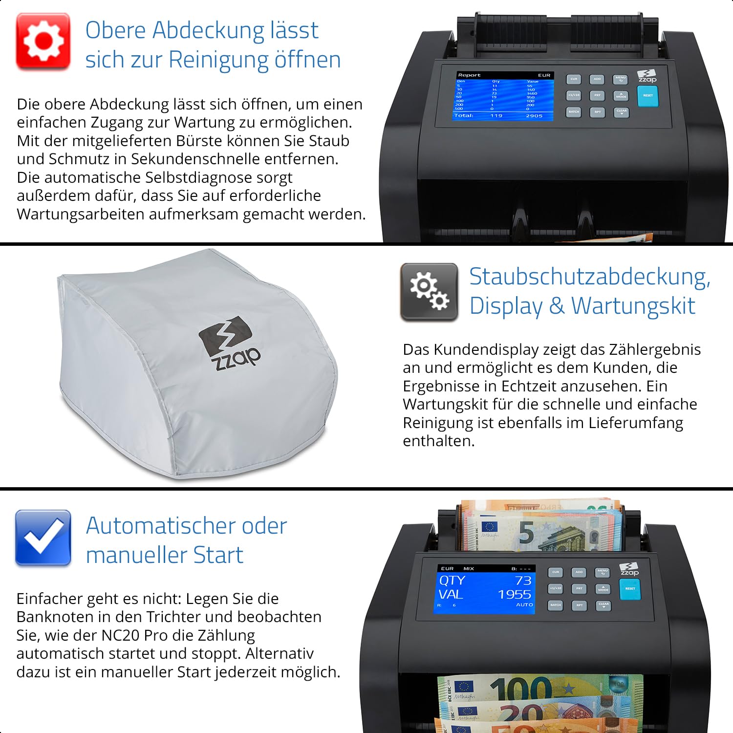 ZZap NC20 Pro Geldscheinzähler für gemischte Stückelungen & Falschgelddetektor - Geldzählmaschine Banknotenzählmaschine Geldzähler Wertzähler