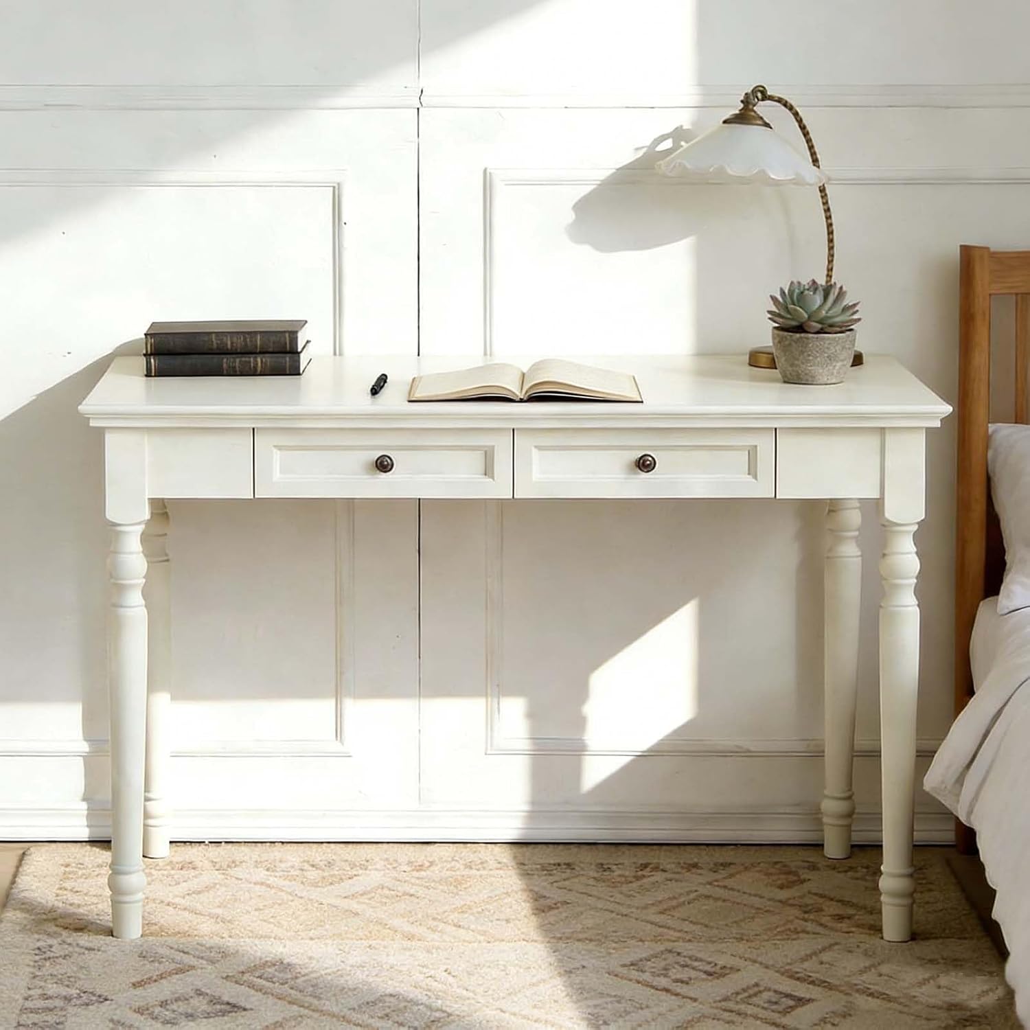 Makeup White Vanity Desk with Drawers, 47” Dressing Tables Solid Wood Writing Desk for Bedroom Dressing Room