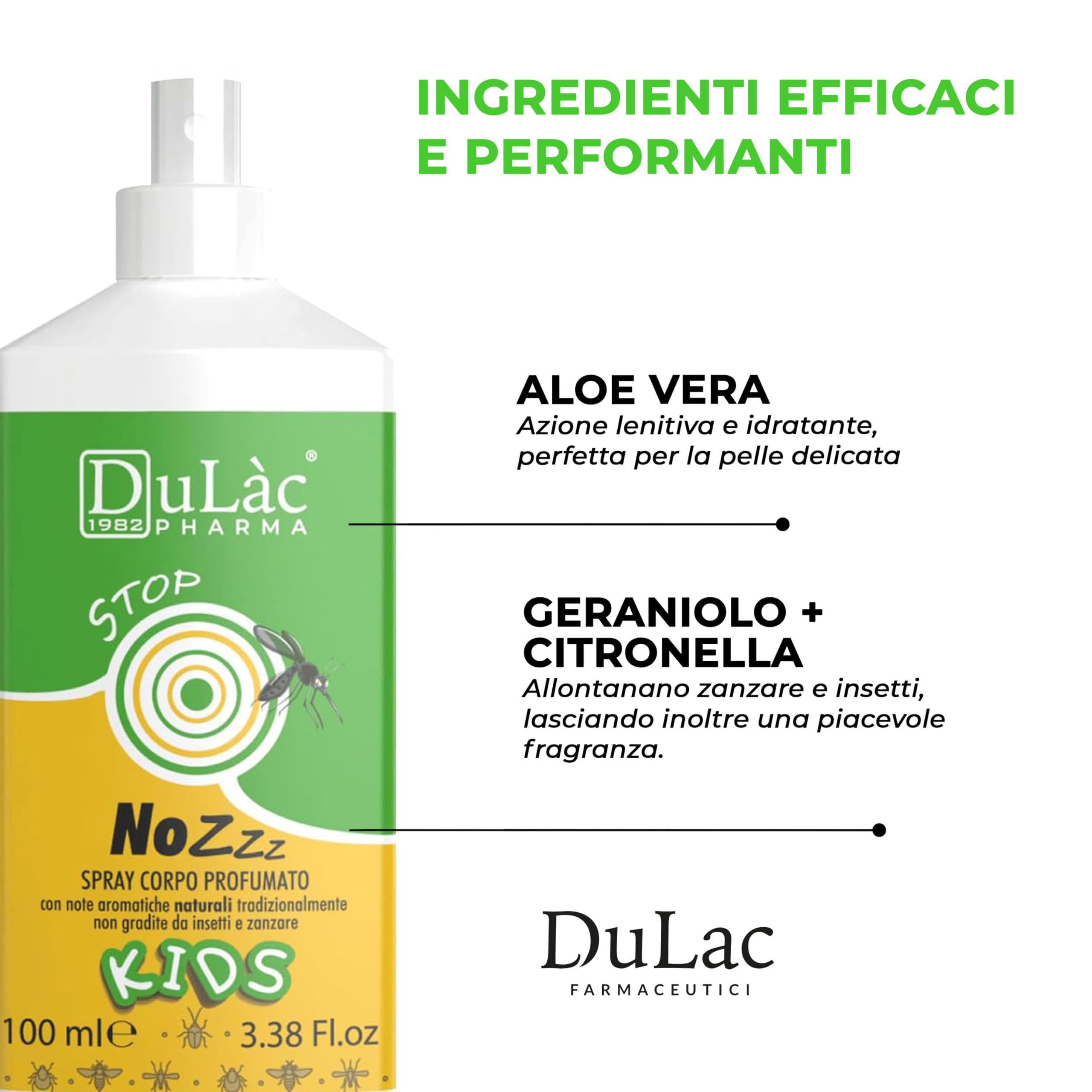 Dulàc - NOZZZ Spray Corpo Profumato per Bambini, 100 ml Spray Antipuntura, Protezione Lunga Durata, Contiene Aloe Vera, Repellente Zanzare e Insetti