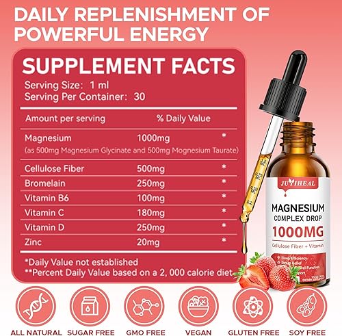 Miniatura 5 de Paquete de 3 líquidos de glicinato de magnesio, 1000 mg de líquido de magnesio con fibra de celulosa, bromelina, vitamina B6, C, D, zinc, suplemento