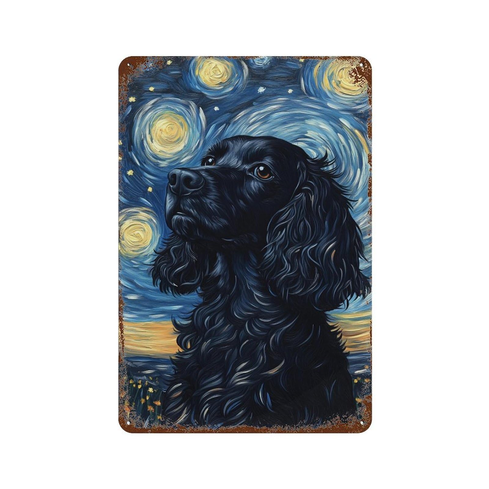 Rust Effect Starry Night Cocker Spaniel Art Print-6 Aged Metal Wall Plaque 11.8"x7.9", Classic Wall Plaque for Basement, Hobby Room And Garage Decor