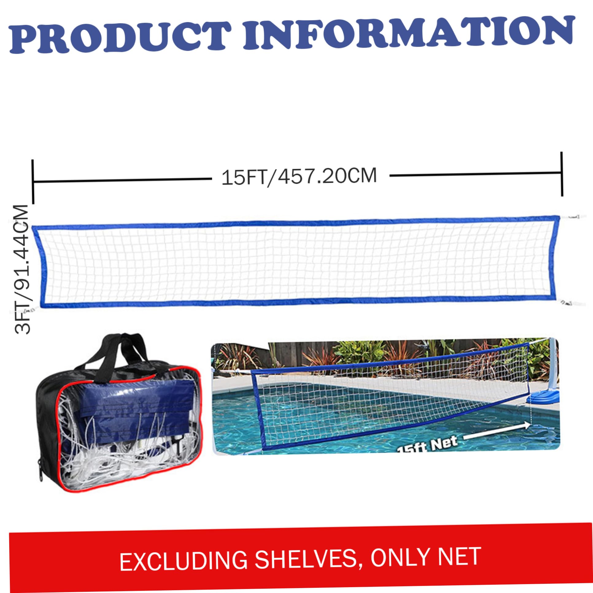 Filet de Volleyball de Piscine 15 × 3 Pieds avec Sac Portable, Jeux d'eau Extérieur