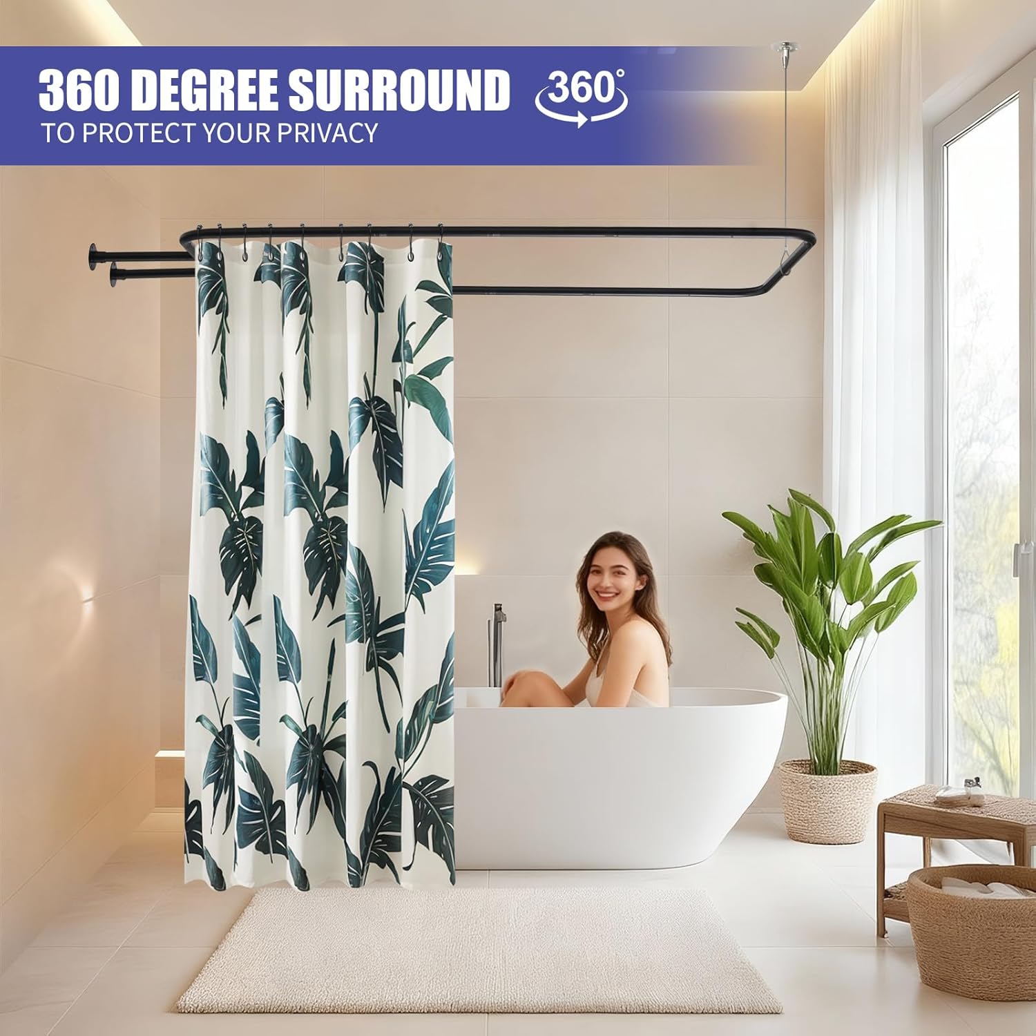 Heavy Duty 60"x28" Clawfoot Tub Shower Curtain Rod Round Shower Curtain Rod (Black, 60"x28")