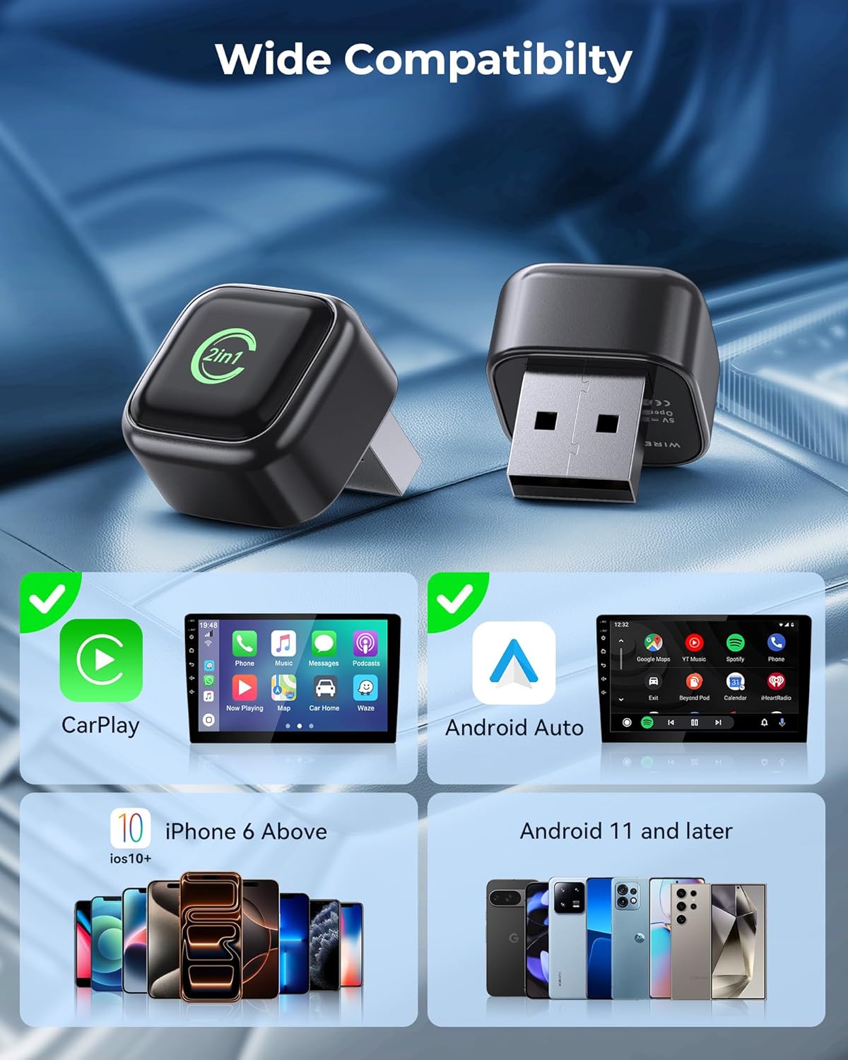 Wireless CarPlay Adapter, Convert Wired to Wireless, 2-in-1 CarPlay & Android Auto, Mini Plug & Play, Fast Auto-Connect & No Latency, USB/USB-C for Cars with Built-in CarPlay & iOS 10 /Android 11