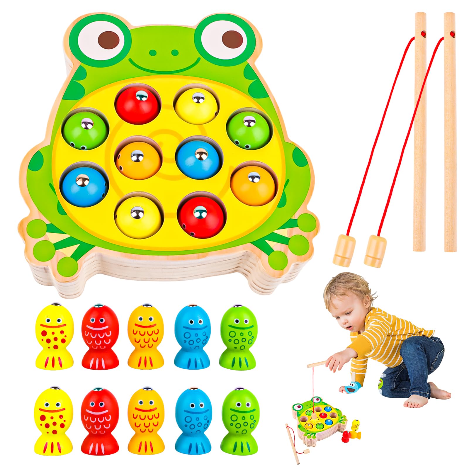 Jeu De Pêche Magnétique En Bois VFANDV - Jouet Montessori 2 Ans Avec 10 Poissons Et 2 Cannes