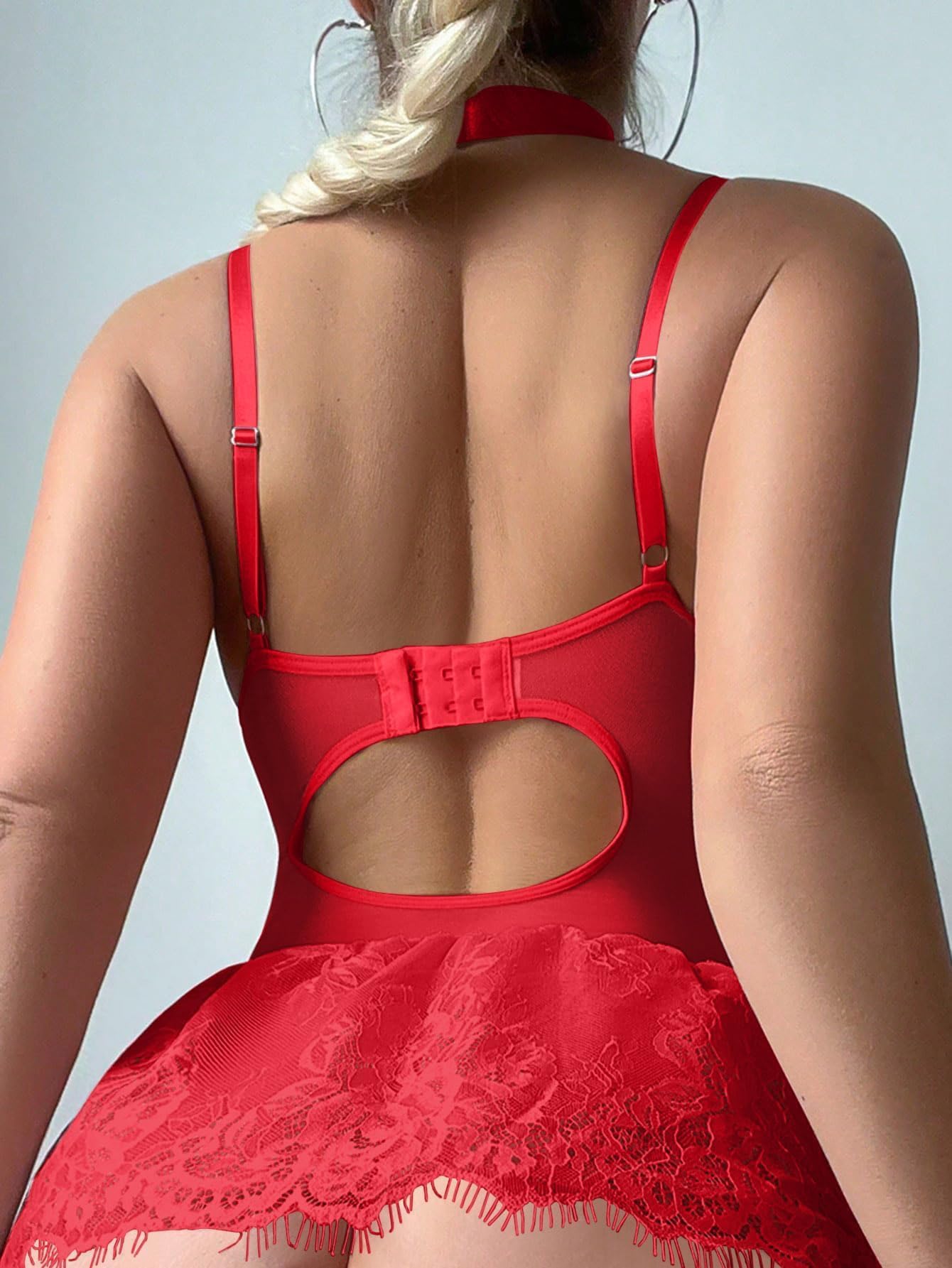 Sexy outfit Seksowny gorset typu choker z fiszbinami, koronkowa przezroczysta podwiązka pończochy komplet bielizny Babydoll ze stringami 4-częściowe stroje