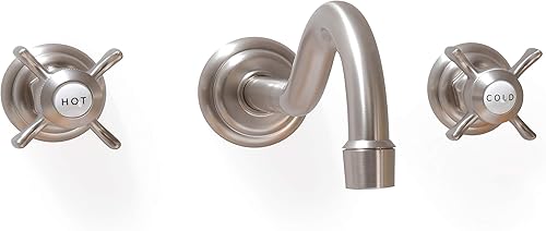 SITGES Grifo de pared, grifo de pared de lavabo de baño de dos manijas con válvula áspera incluida, níquel cepillado