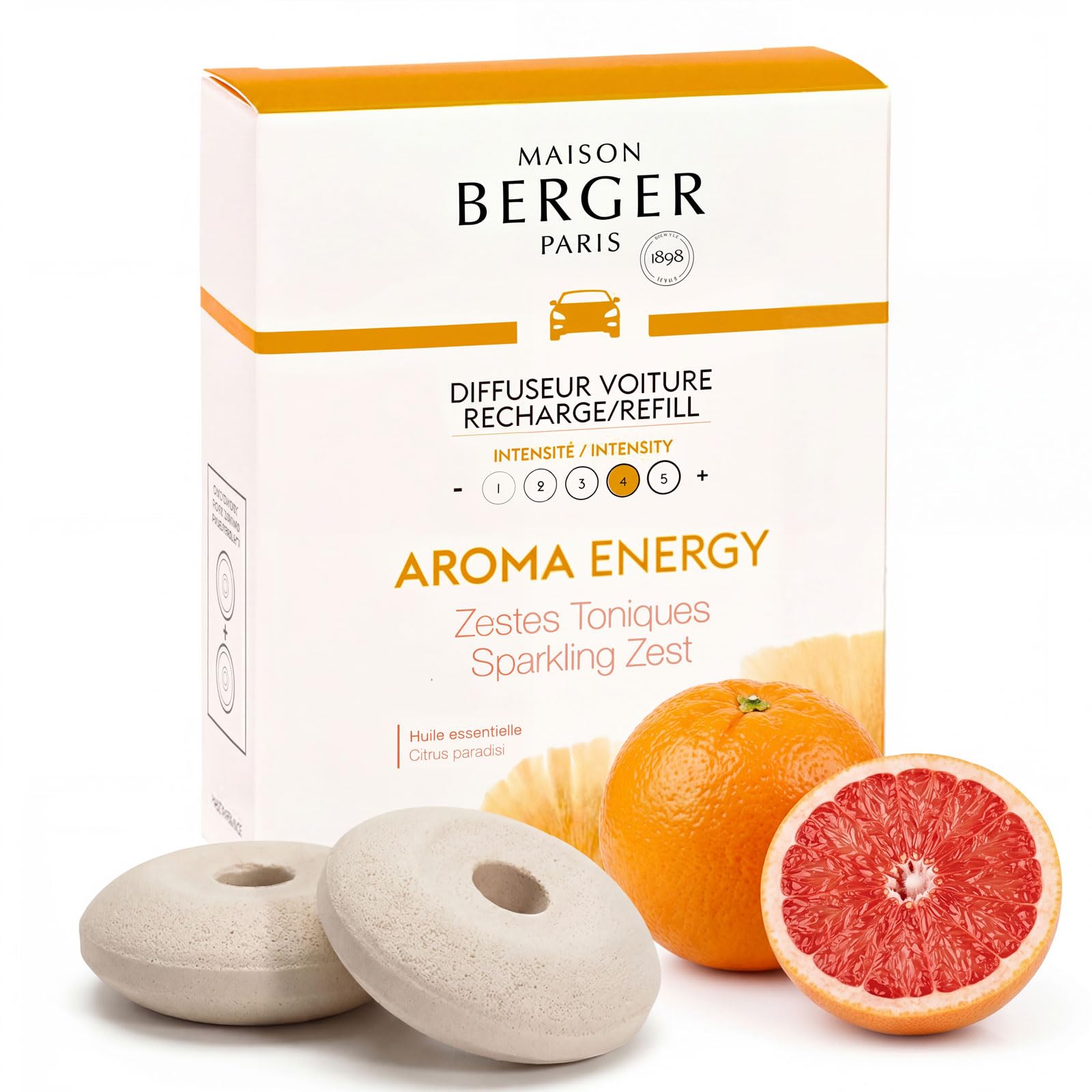 Luxury Car Diffuser Refill Set – Ceramic Inserts for Vent Clip Diffusers, 4-Week Passive Diffusion, Premium In-Car Fragrance Refill, Made in France (Aroma Energy)