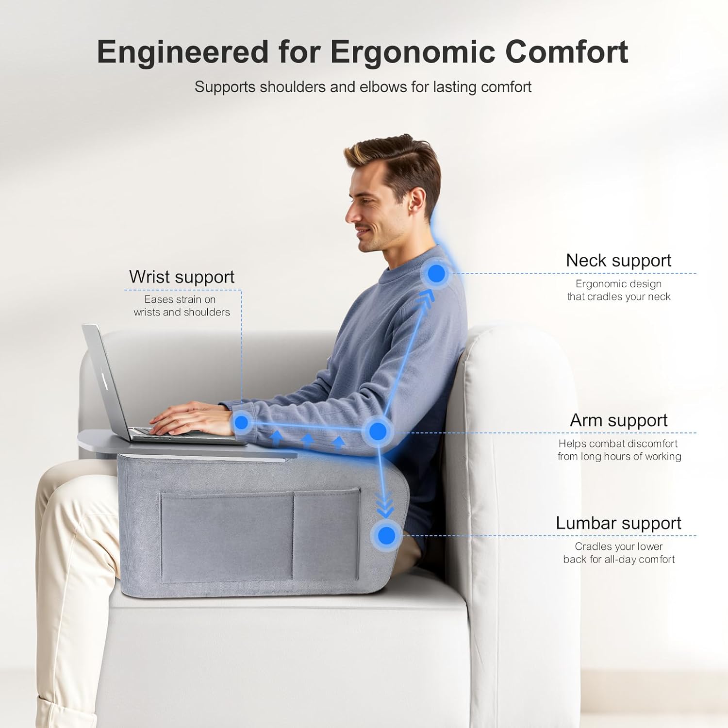 Reading Pillow for Gaming with Ergonomic Arm Rests, Wooden Lap Desk for Laptop, Support Pillow with Side Pockets for Reading, Writing, Working, Gaming on Bed, Couch or Floor (Gray, Large)
