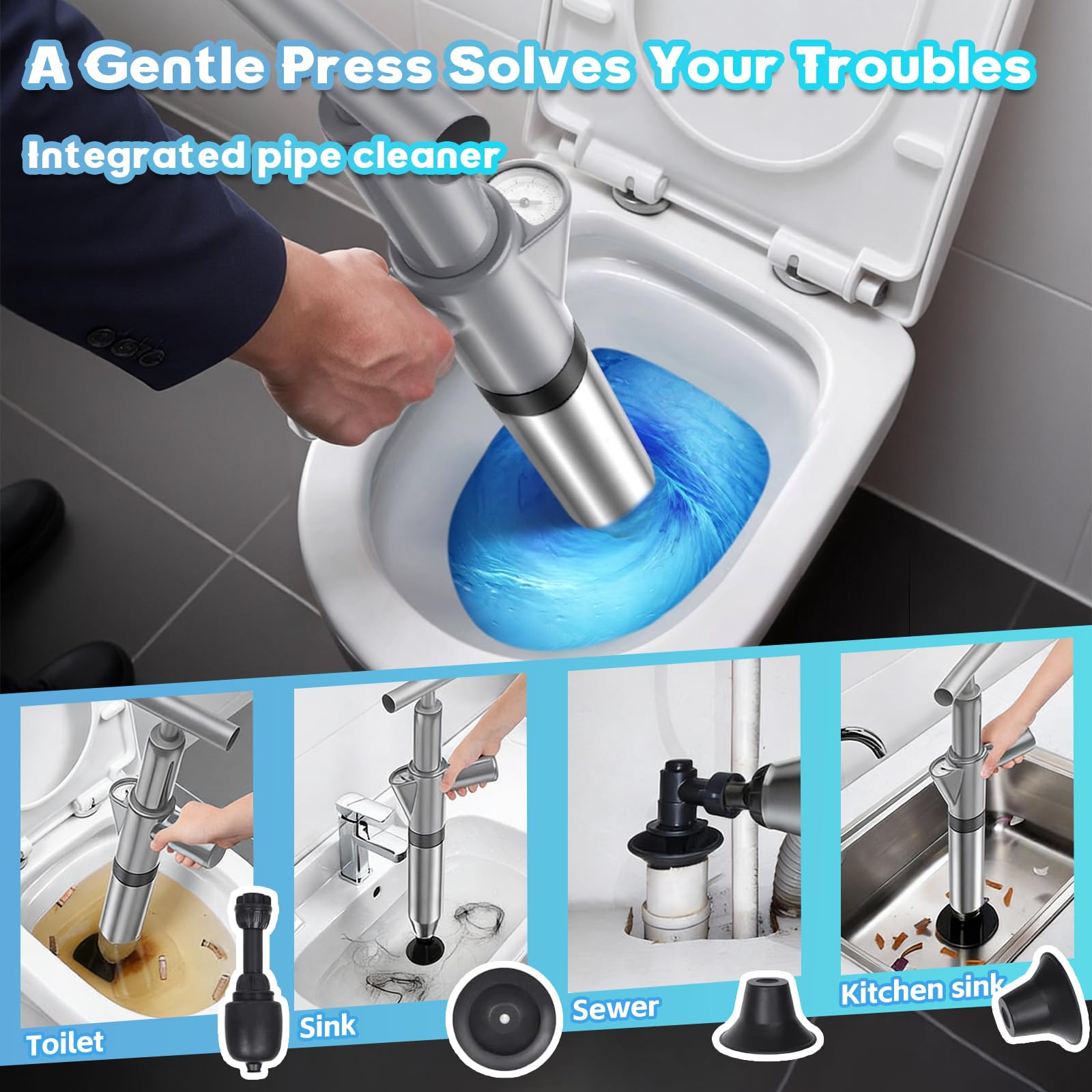 ZhouWei Deboucheur WC Piston à Pompe Haute, Deboucheur Toilette Canalisation avec Baromètre et Têtes Remplaçables Kit de Débouchage Haute Pression, pour l'évier Déboucher Cuisine Salle Bain