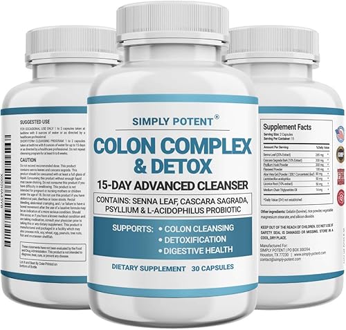 Simply Potent Natural Colon Cleanse - Suplemento limpiador de colon suave para la salud digestiva - Apoya la desintoxicación y regularidad - 60