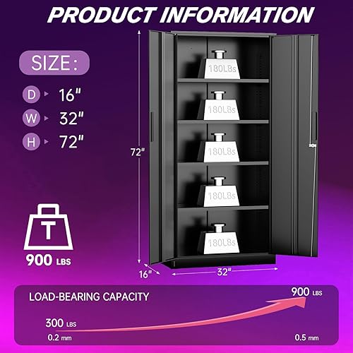 Miniatura 3 de Superday Armario de almacenamiento con cerradura, armarios de almacenamiento de garaje de 71 pulgadas con cerradura, gabinete de metal negro con 2