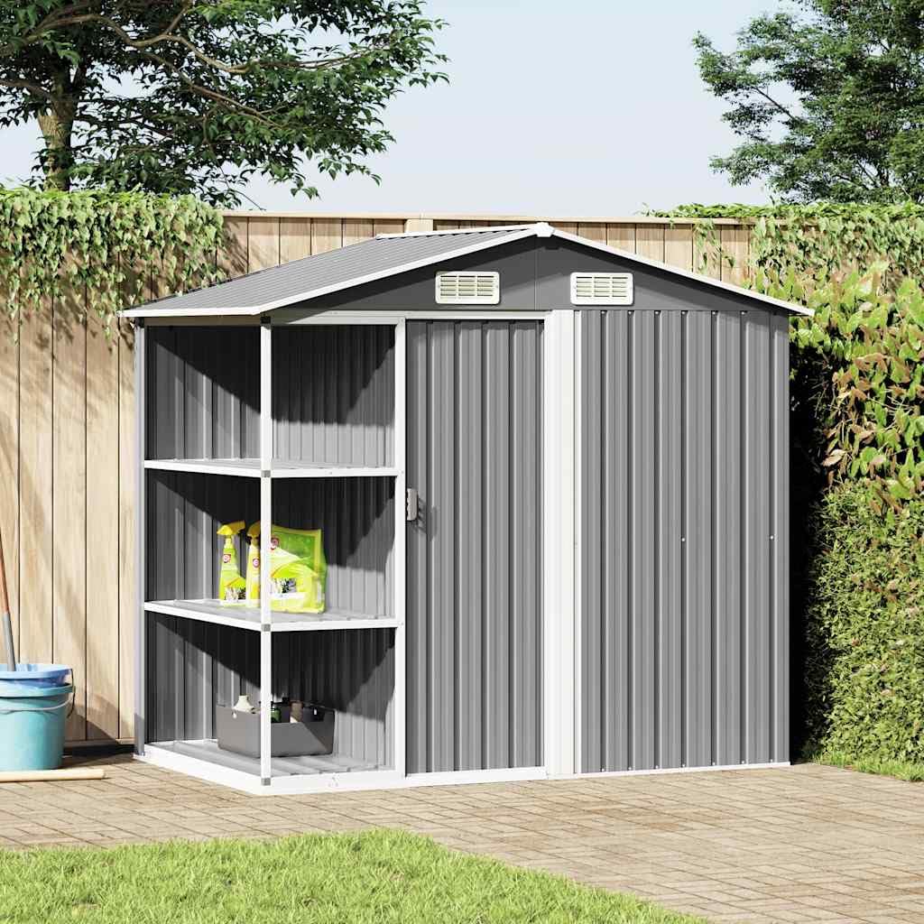 Gartenhaus mit Regal Grau 205x130x183 cm verzinktes Eisen mit Schiebetür und Lüftungsschlitzen für Gartenlagerung und Werkzeugeinsatz im Außenbereich