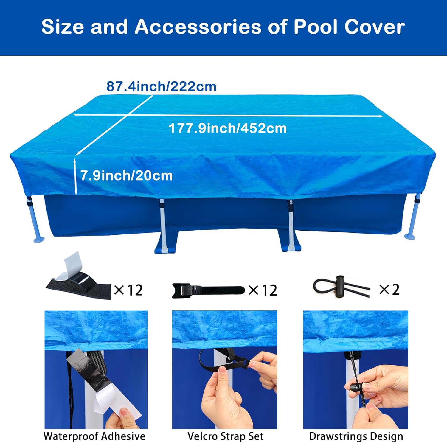 177 X 87 in Pool Cover 14 ft Frame Rectangle Swimming 14 x 7 Pool Cover Rectangular Above Ground 178" x 86" Dust Proof Rain Proof Durable PE Blue Paddling Family