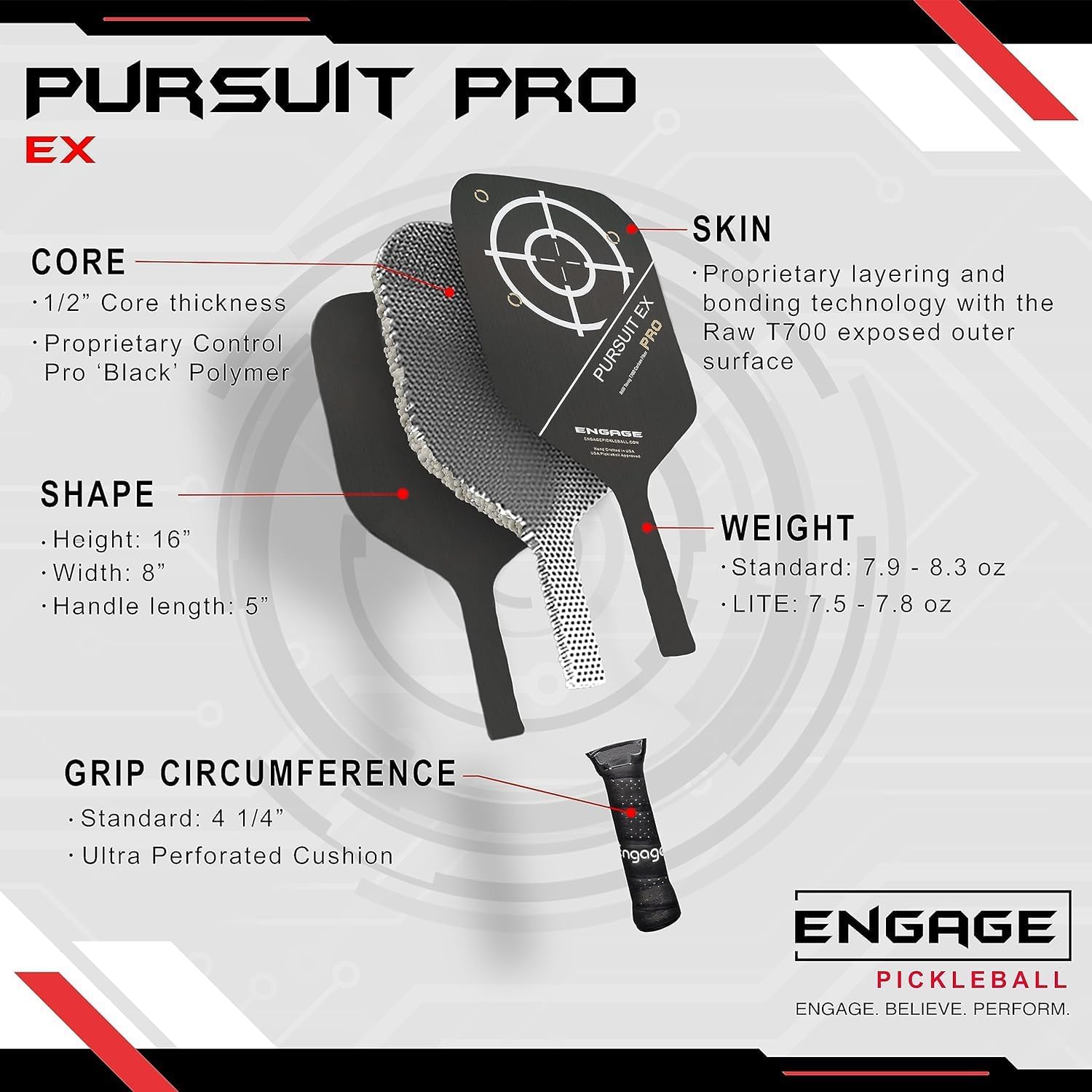 Engage Pursuit Pro EX Pickleball Paddle – Widebody Shape, Raw Carbon Fiber Face, 13mm Control Pro “Black” Core, Vortex Barrier Edge Technology – Jessie Irvine Signature – Lightweight
