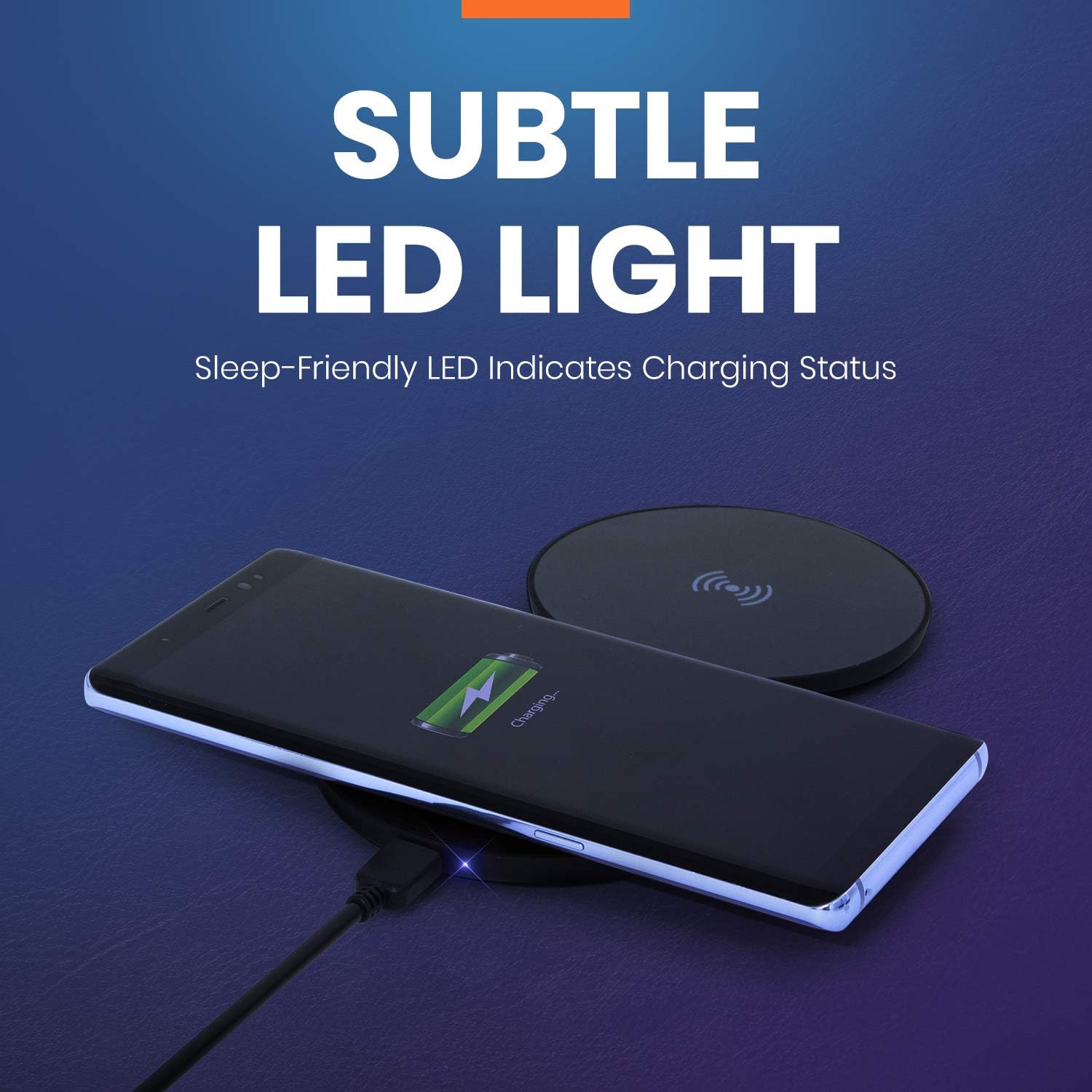 Smartphone charging on the Helix Dual Wireless Charger with a subtle blue LED light visible