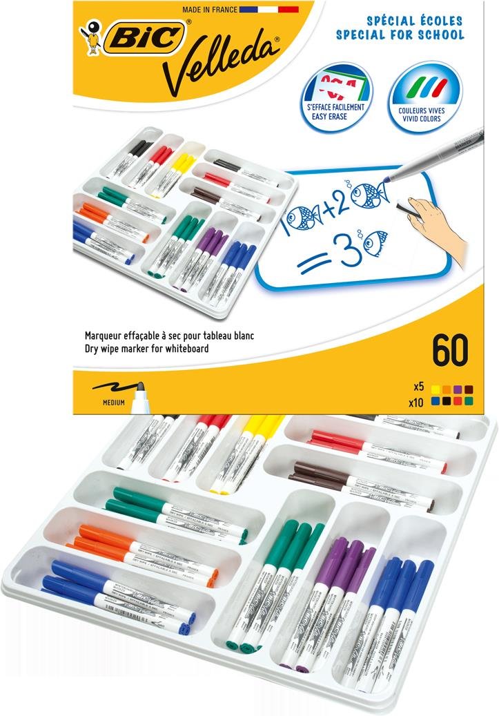 BIC Velleda 1741 Feutres pour Tableau Blanc Effaçables à Sec, Pointe Conique Moyenne - Couleurs Assorties, Classpack de 60