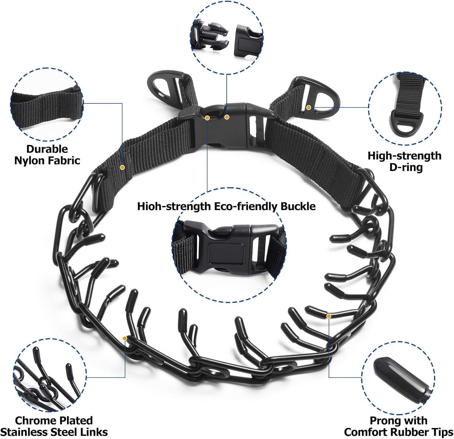 Prong Collar for Large Dogs, Dog Pinch Collar,Dog Training Collar,High Strength Quick Release Buckle,Comfort Rubber Tips (Black，4.0mm, 23.6-Inch)