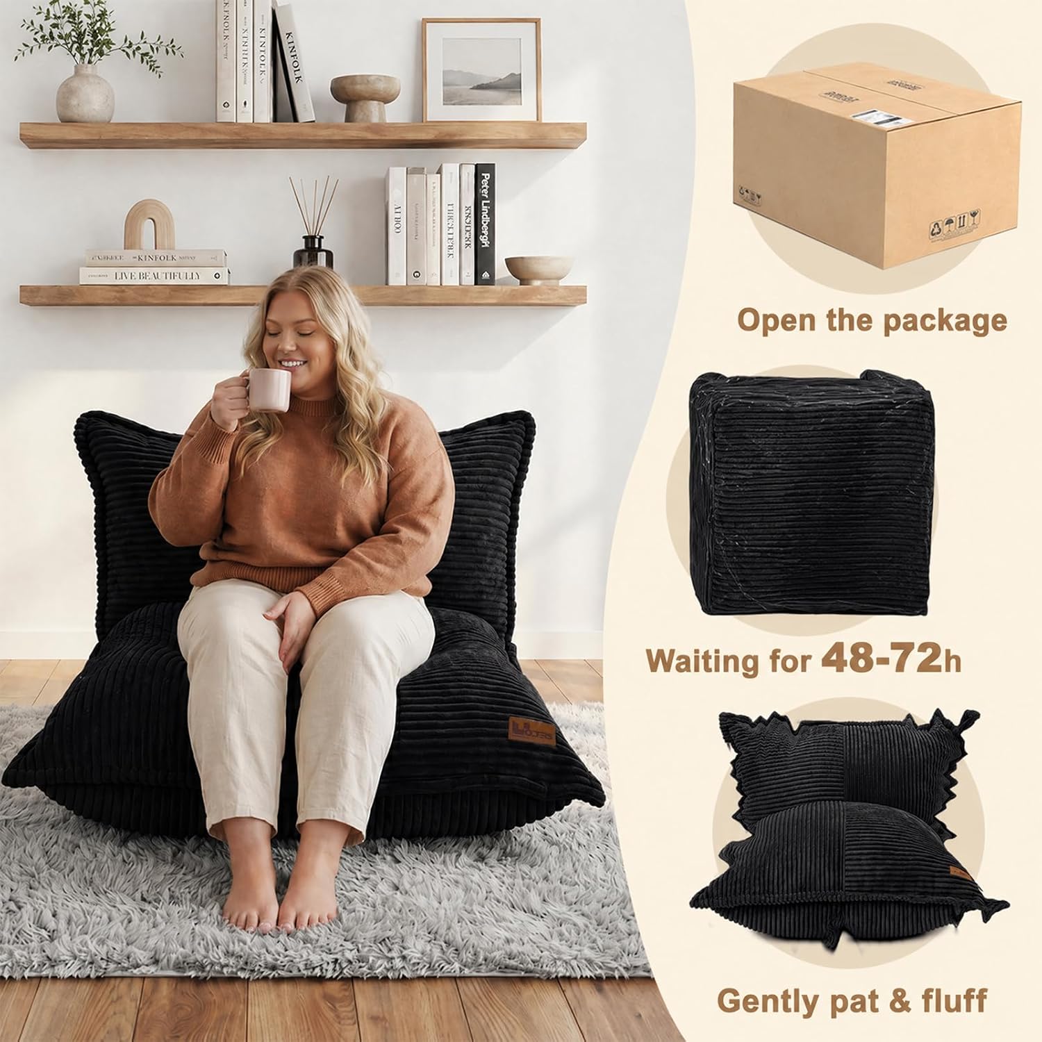 L-Shaped Oversized Bean Bag Chair, Fluffy Memory Foam Beanbag with Corduroy Fabric for Adults Teens Kids, Lightweight Lounge Floor Sofa Chair for Living Room Bedroom - Black