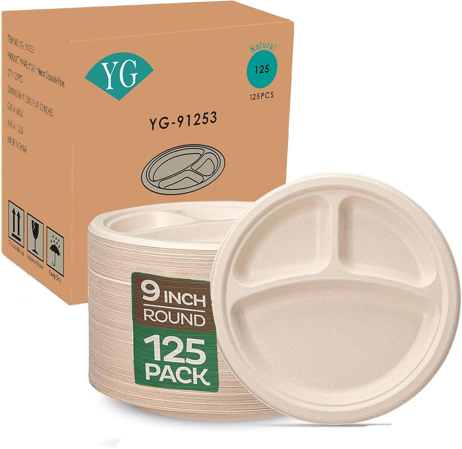 POPMISOLER 100% Compostable Paper Plates, [9 Inch] Plates Disposable Heavy Duty [125-Pack],3 Compartment,Made Of Natural Sugarcane Fibers,Brown