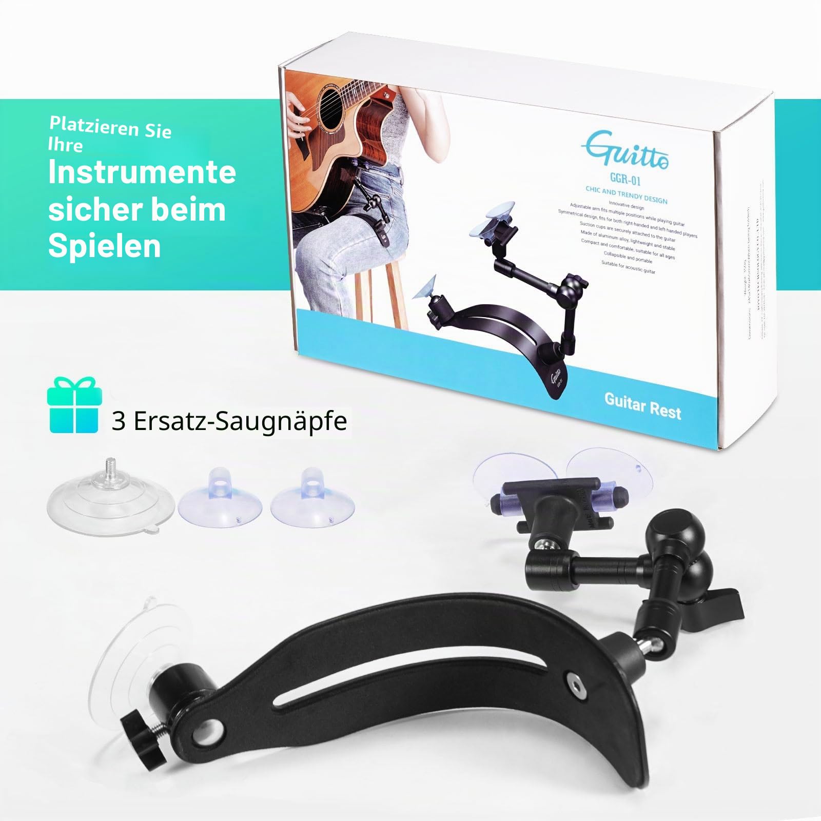 GUITTO Gitarrenstütze - Verstellbarer Gitarrenständer mit Saugnäpfen & Kugelgelenk - Klassische Gitarren-Fußstütze - Ergonomisches Zubehör für Lackierte Akustikgitarren & Ukulelen (GGR-01)