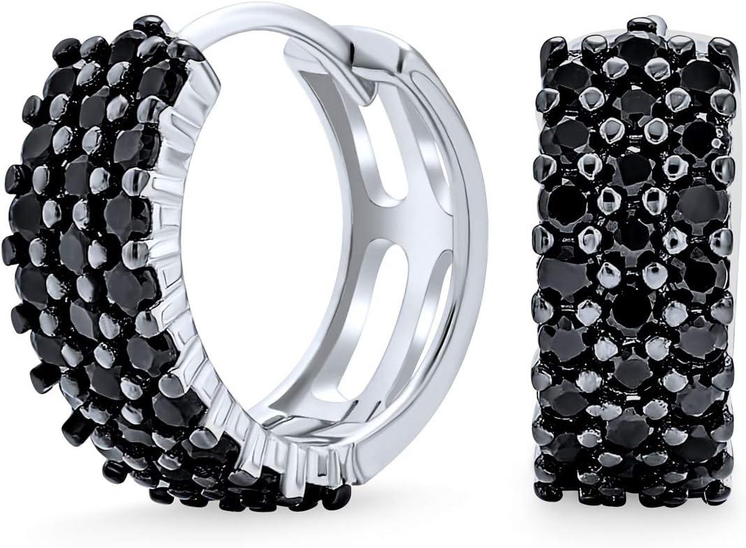 Unisex Black Pave CZ Cubic Zirconia Micro Pave Slender, Wide Huggie Hoop Earrings For Women Teens Men Cubic Zirconia IP Black .925 Sterling Silver .30-.50 Inch Diameter