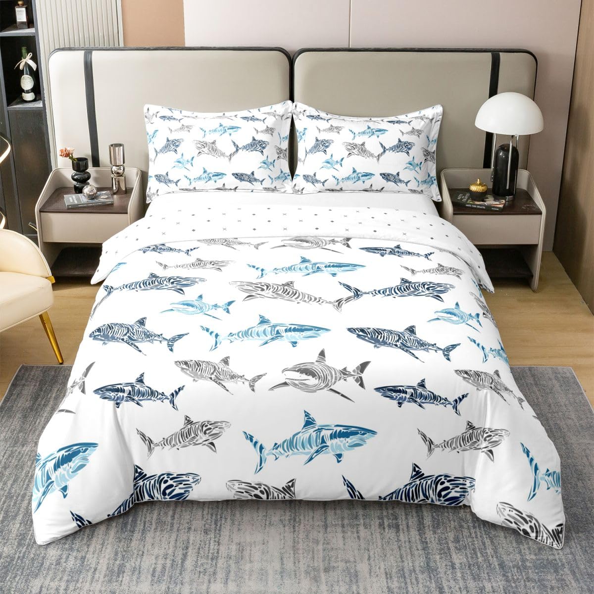Homewish Niebieski szary rekin super king pościel życie morskie bawełna poszewka na kołdrę zestaw ocean dzikie zwierzę poszewka na kołdrę kreskówka urocze ryby pościel wystrój pokoju zestawy łóżek