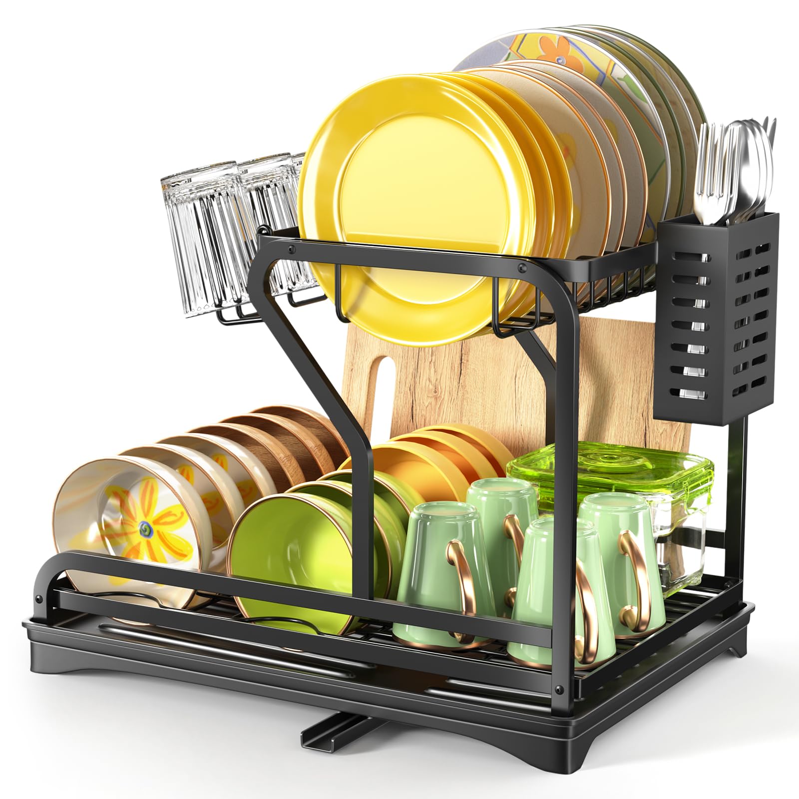 Tianqinuk Dish Drying Rack,2 Tier Dish Drainer with Drip Tray,Dish Rack Swivel Drainage Spout,Utensil & Cutting Board Holder for Sink Drainer Rack (Black)