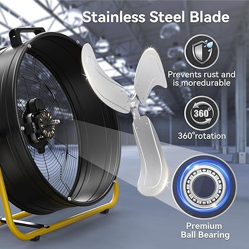 Miniatura 5 de Ventilador de tambor industrial de alta velocidad de 24 pulgadas, ventilador de metal resistente de 3 velocidades de 8500 CFM para almacén,