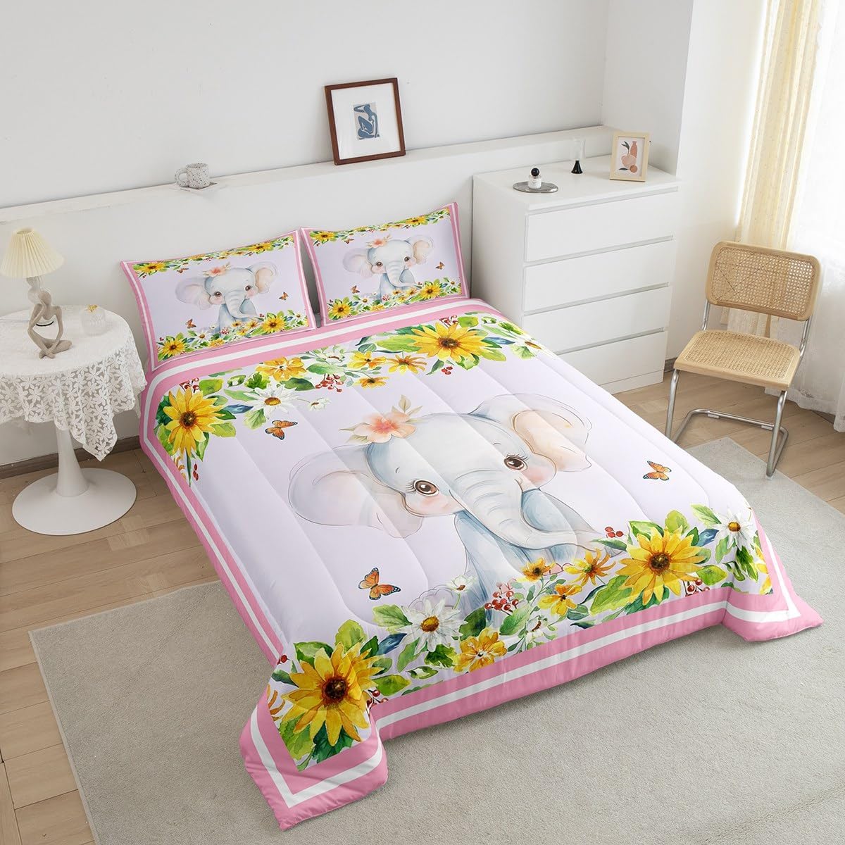 Cute Elephant Comforter Set Queen Size,Watercolor Sunflowers Floral Butterfly Bedding Set for Women Adult,Pink Grid Geometric Luxury Bed Duvet Insert, 2 Pillowcases