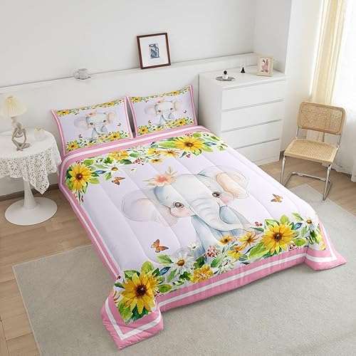 Miniatura 3 de Lindo juego de edredón de elefante, tamaño Queen, juego de ropa de cama de acuarela girasoles florales y mariposas para mujeres adultas, inserto de