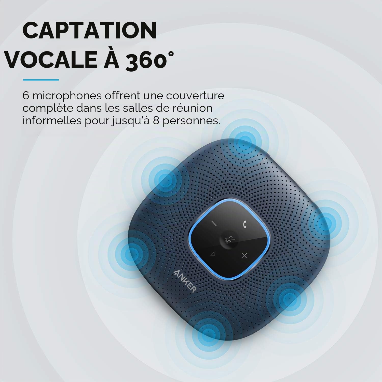 Anker PowerConf Haut-Parleur Bluetooth de conférence avec 6 micros intégrés | Captation et enregistrement de voix améliorés, 24 heures d’autonomie, USB-C, certifié Zoom, pour bureau à domicile