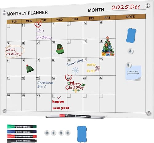 SELEAD Pizarra blanca con calendario magnético de cristal, 32 x 48 pulgadas, pizarra blanca grande de borrado en seco, planificador mensual sin