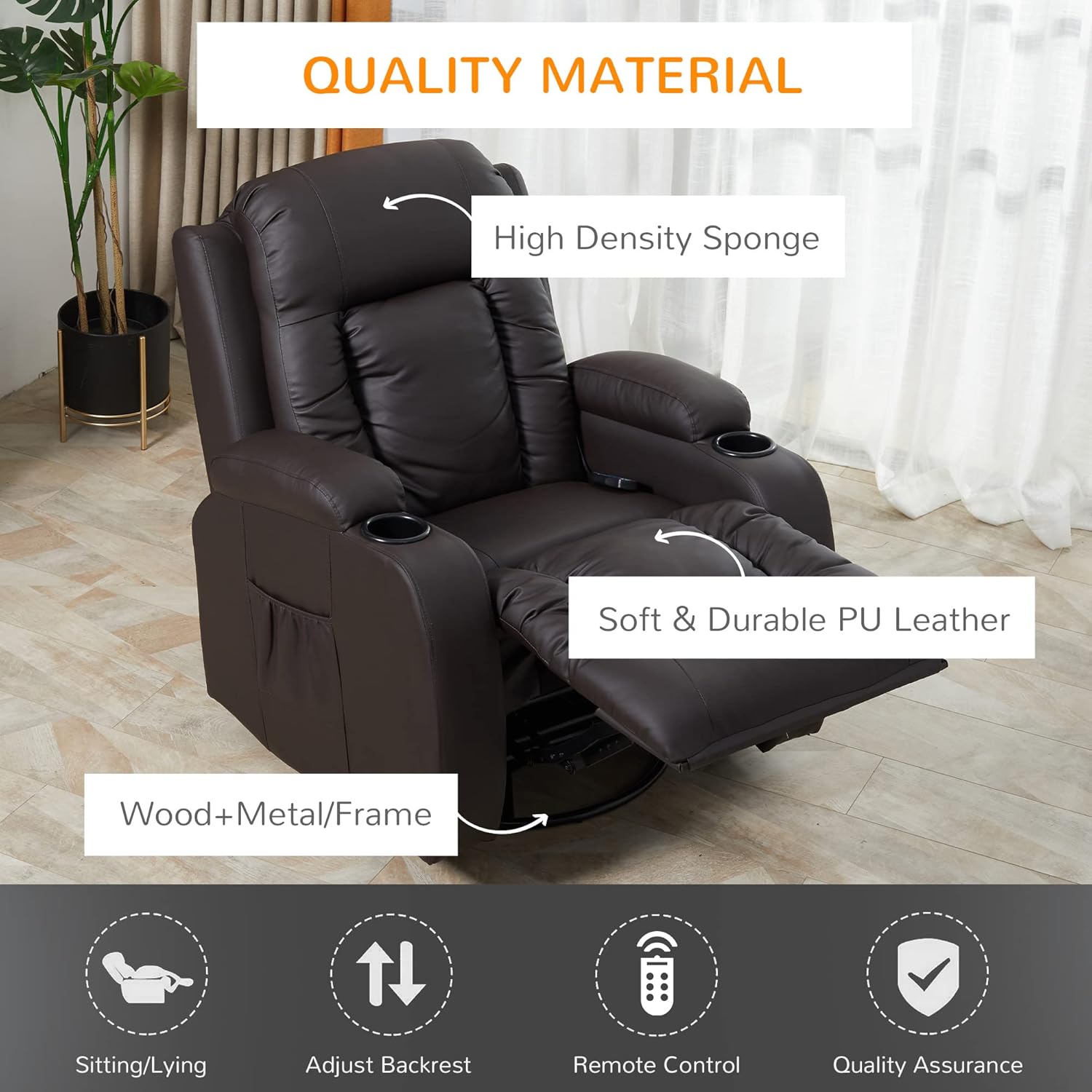 Buy Luxury Faux Leather Heated Vibrating 8 Point Massage Recliner Chair with 360 Swivel
