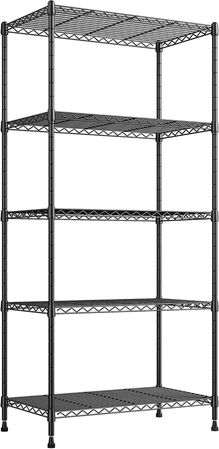 REIBII 5 Tier Storage Shelves Adjustable Wire Rack Shelving, Kitchen Shelves 13.4" D x 23.2" W x 60" H Strong Metal Shelves for Restaurant Garage Pantry，Black