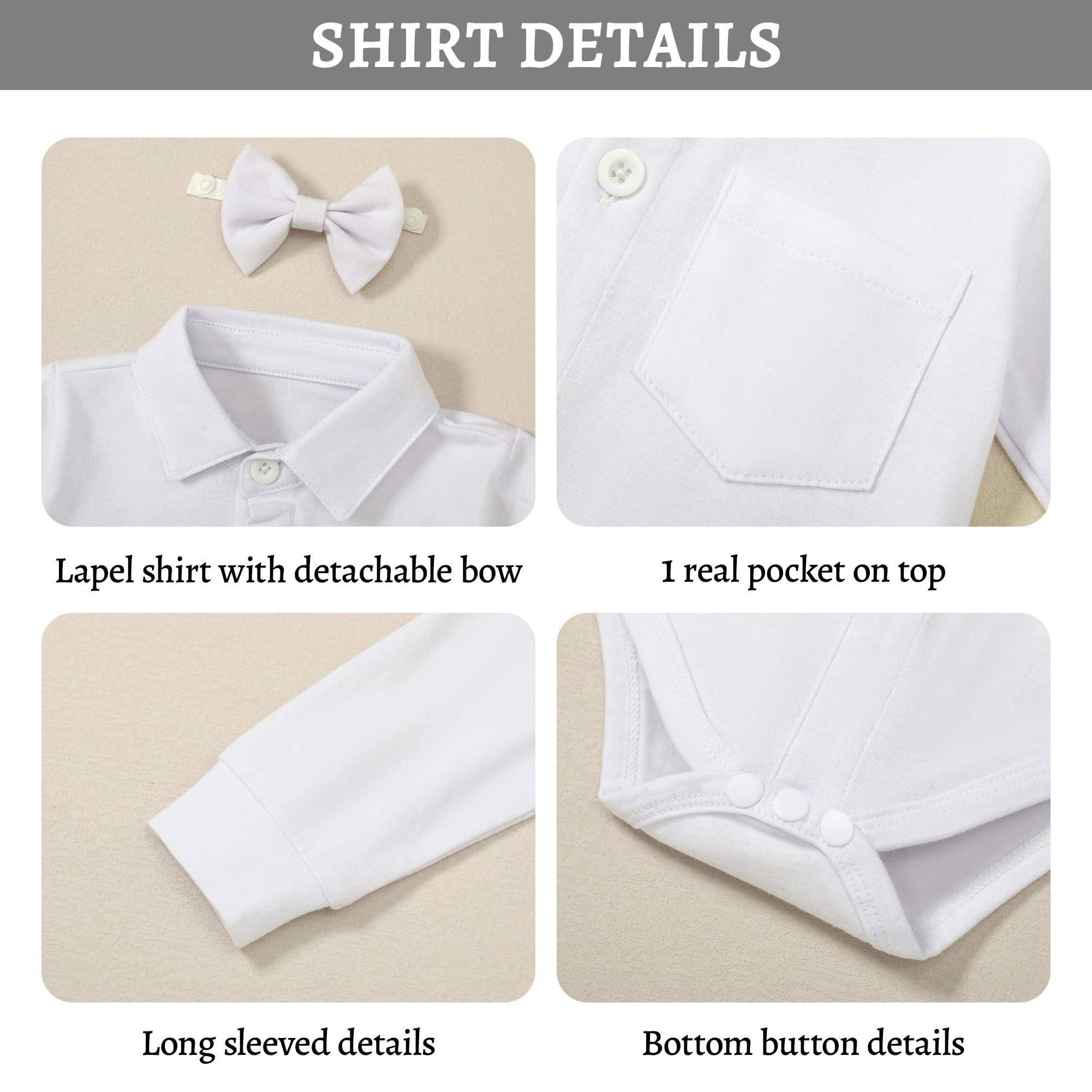 SOLOYEE Baby Boy Clothes Suit Newborn Infant Christening Baptism Outfit Shirt+Bowtie+Vest+Corsage+Suspender+Pants Gentleman Wedding Outfits 6Pcs Set (3-6 Months, White)