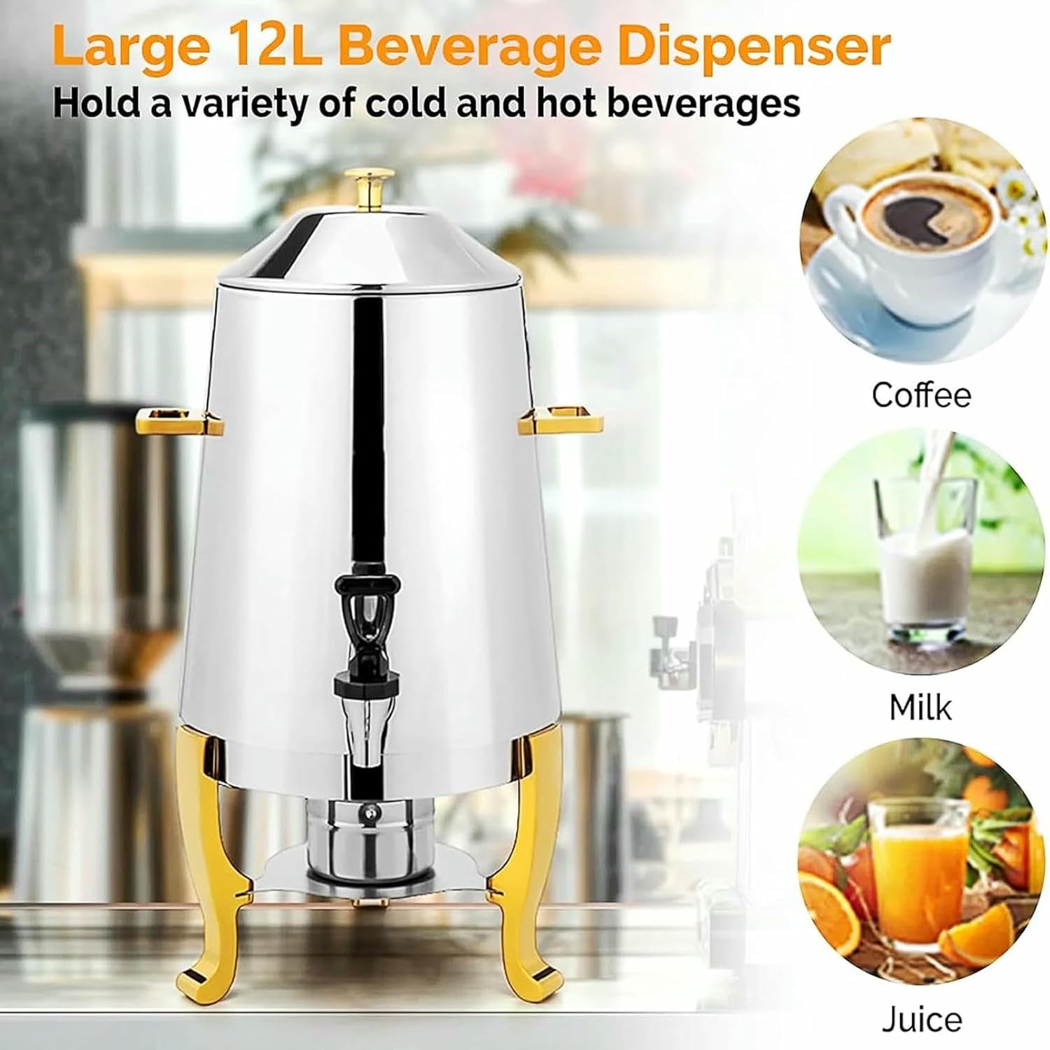 Stainless Steel Coffee Chafer Urn 13L Beverage Dispenser with Fuel Holder & Chrome Accents Hot & Cold Drinks for Party Catering Event