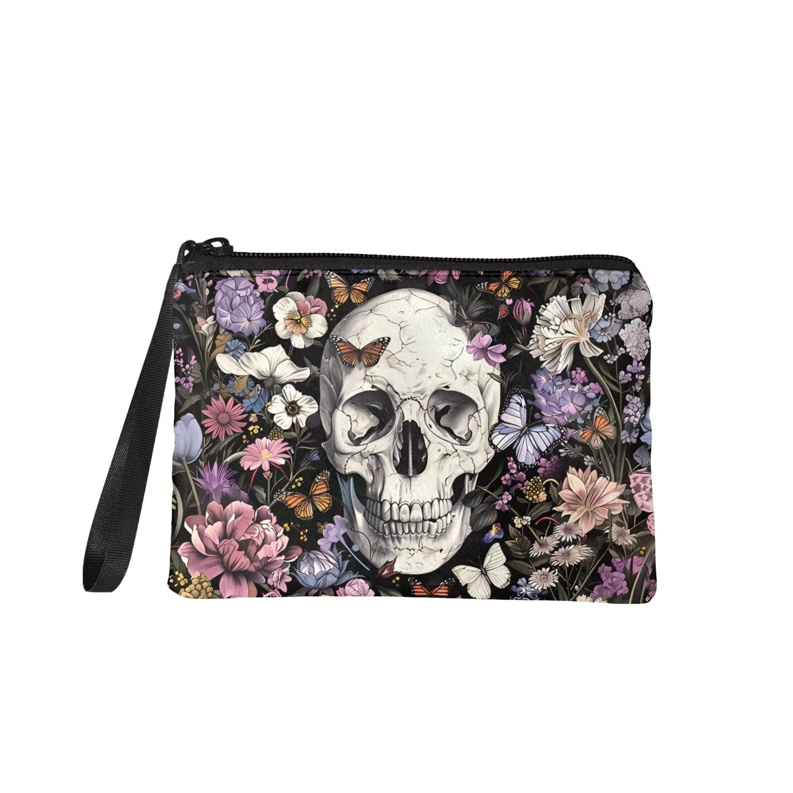 Rshubino Flower Skull Coins Purse for Women with Card Holder Cash Pouch with Zipper Wristlet Strap Change Purse Pouch for Women, Shopping, Travel,