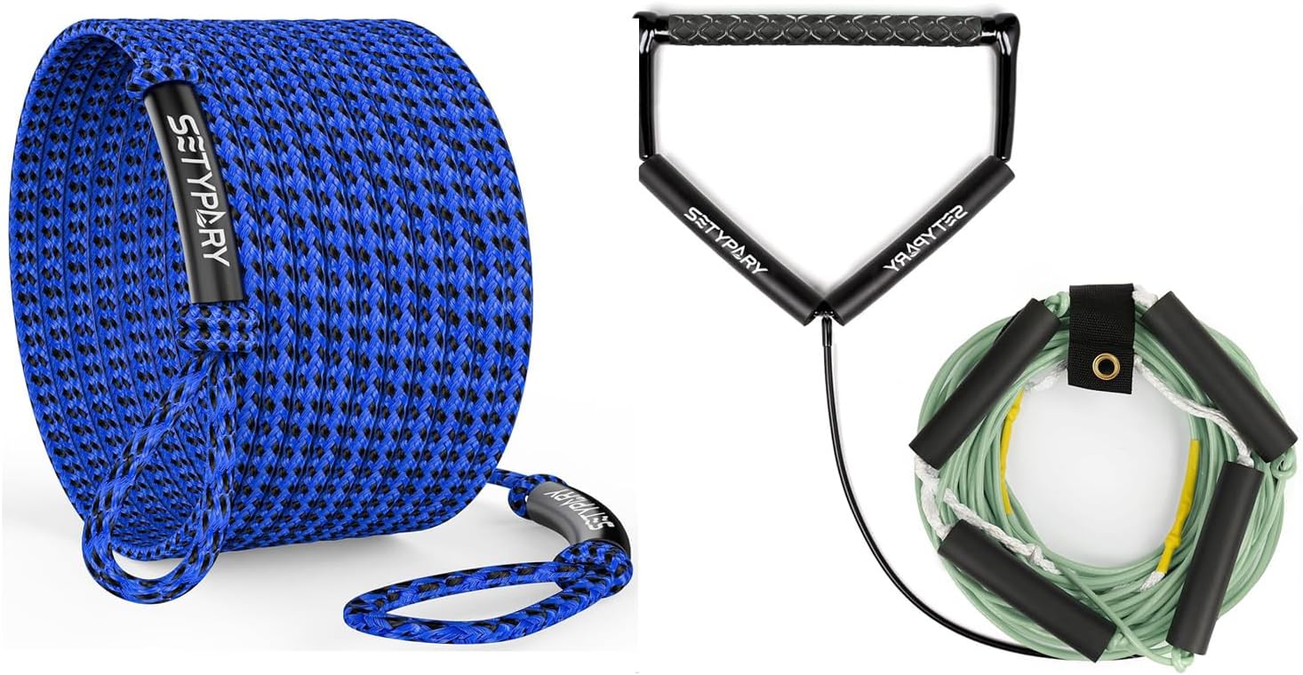 4K 60FT Heavy-Duty Boat Tow Rope (Blue & Black) & 75FT No-Stretch Dyneema Wakeboard Rope (Grayish Green) Combo - Floating Tow Ropes for Wakeboarding, Tubing, Waterskiing