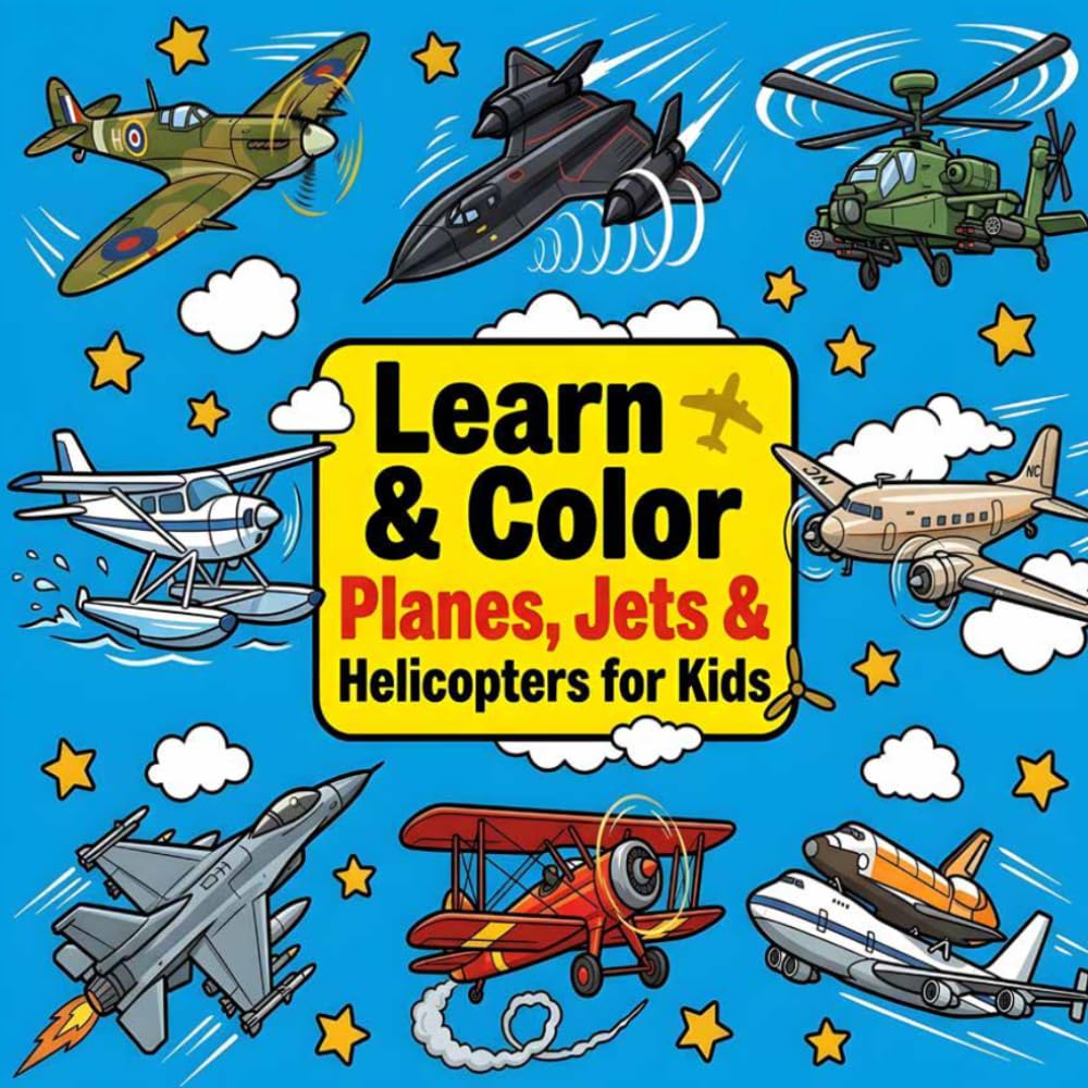 Learn & Color: Planes, Jets & Helicopters for Kids: Fun Educational Coloring Pages with Amazing Aircraft Facts — Fighter Jets, Helicopters, Passenger Planes & More for Curious Boys & Girls Ages 4–12