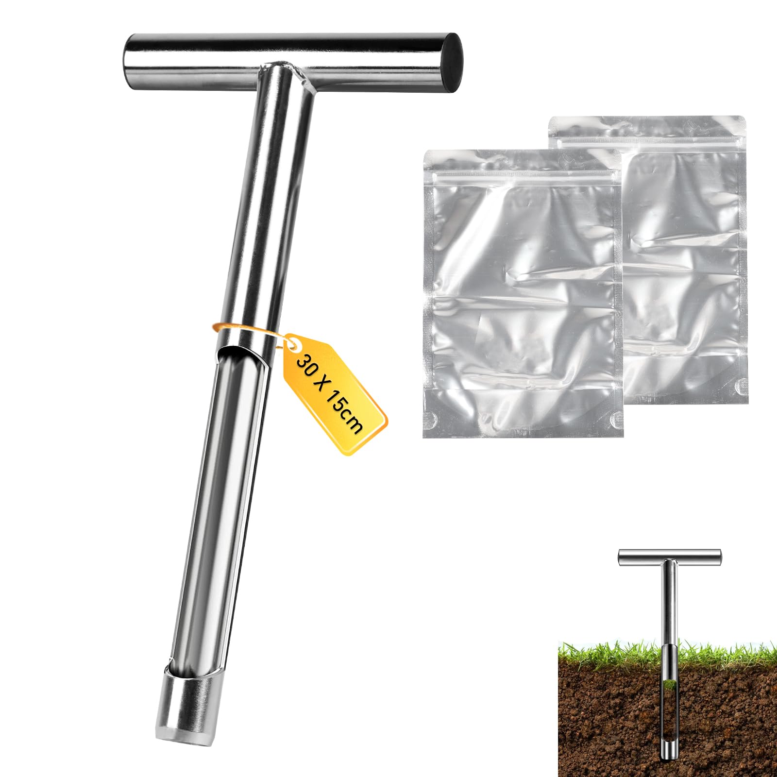 Sonda suelo 30 cm acero inoxidable 2.5 mm - Muestreador en T con 2 bolsas reutilizables para jardín, granja, césped